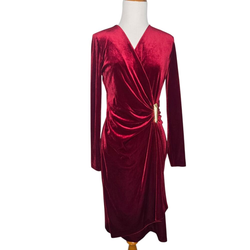 Calvin Klein Womens Glam Velvet Dress Holiday Party Faux Wrap Gold Buckle Red 4
